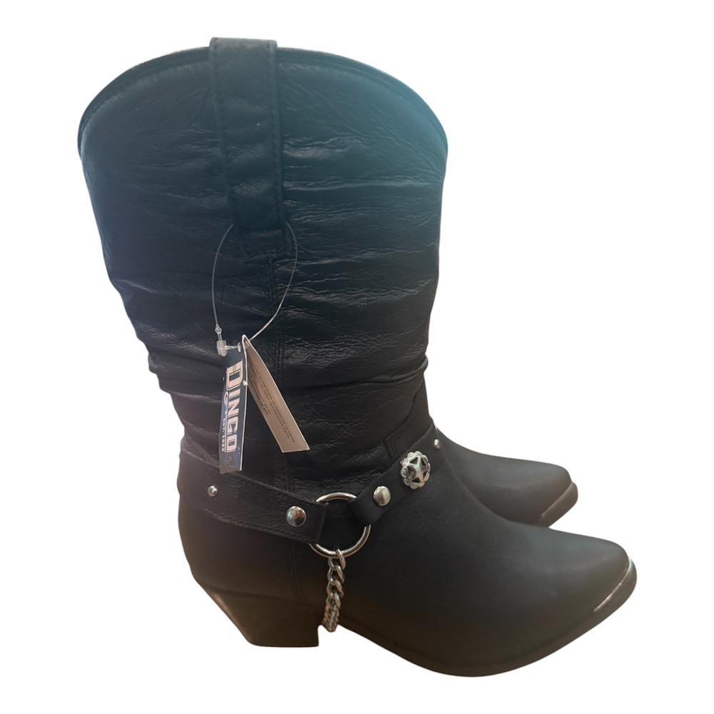Dingo Womens Black Leather Slouch Cowboy Boots Harness Chain Star Concho DI522